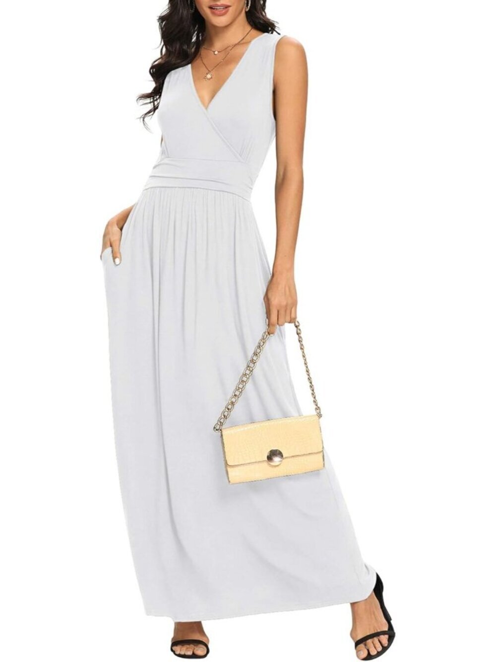 Lilbetter Women's White Sleeveless Deep Neck Loose Plain Long Maxi Casual Dress